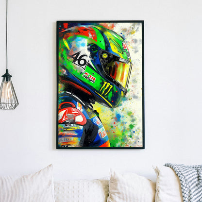 A high-energy graffiti-style wall art print featuring a detailed racing helmet surrounded by an explosion of bold, vibrant colours, embodying speed and adrenaline.