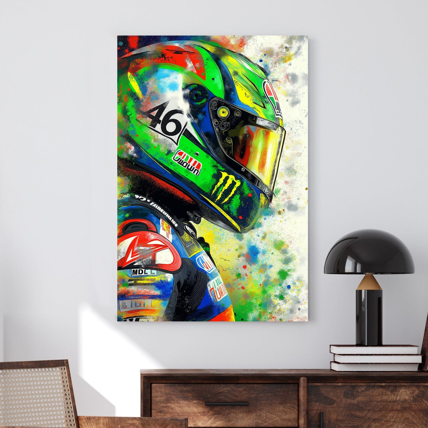 A high-energy graffiti-style wall art print featuring a detailed racing helmet surrounded by an explosion of bold, vibrant colours, embodying speed and adrenaline.