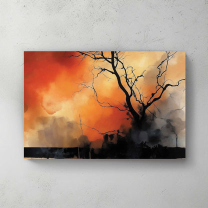 A dramatic abstract wall art print featuring a lone black tree silhouette against a fiery orange and smoky black background, evoking themes of resilience and transformation