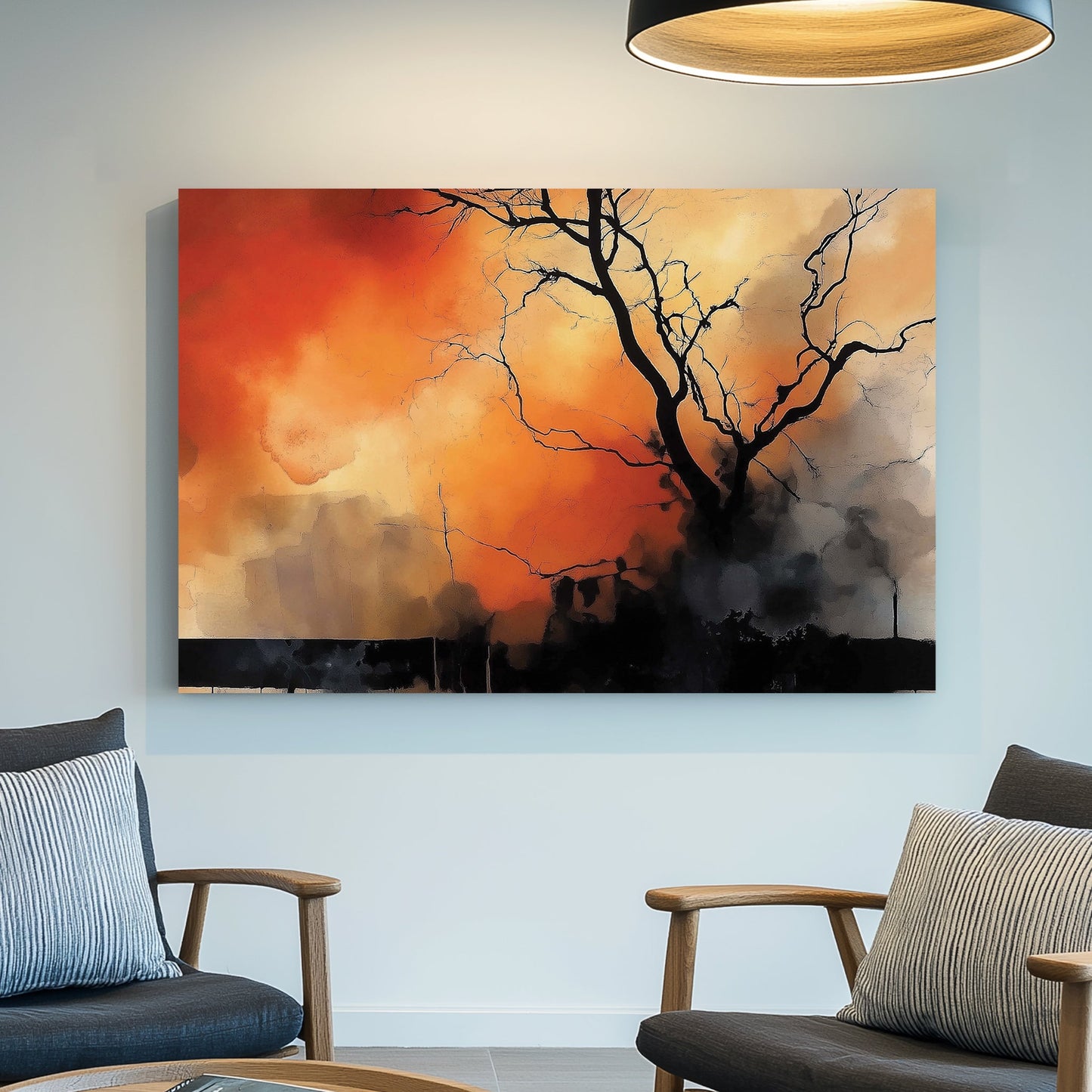 A dramatic abstract wall art print featuring a lone black tree silhouette against a fiery orange and smoky black background, evoking themes of resilience and transformation