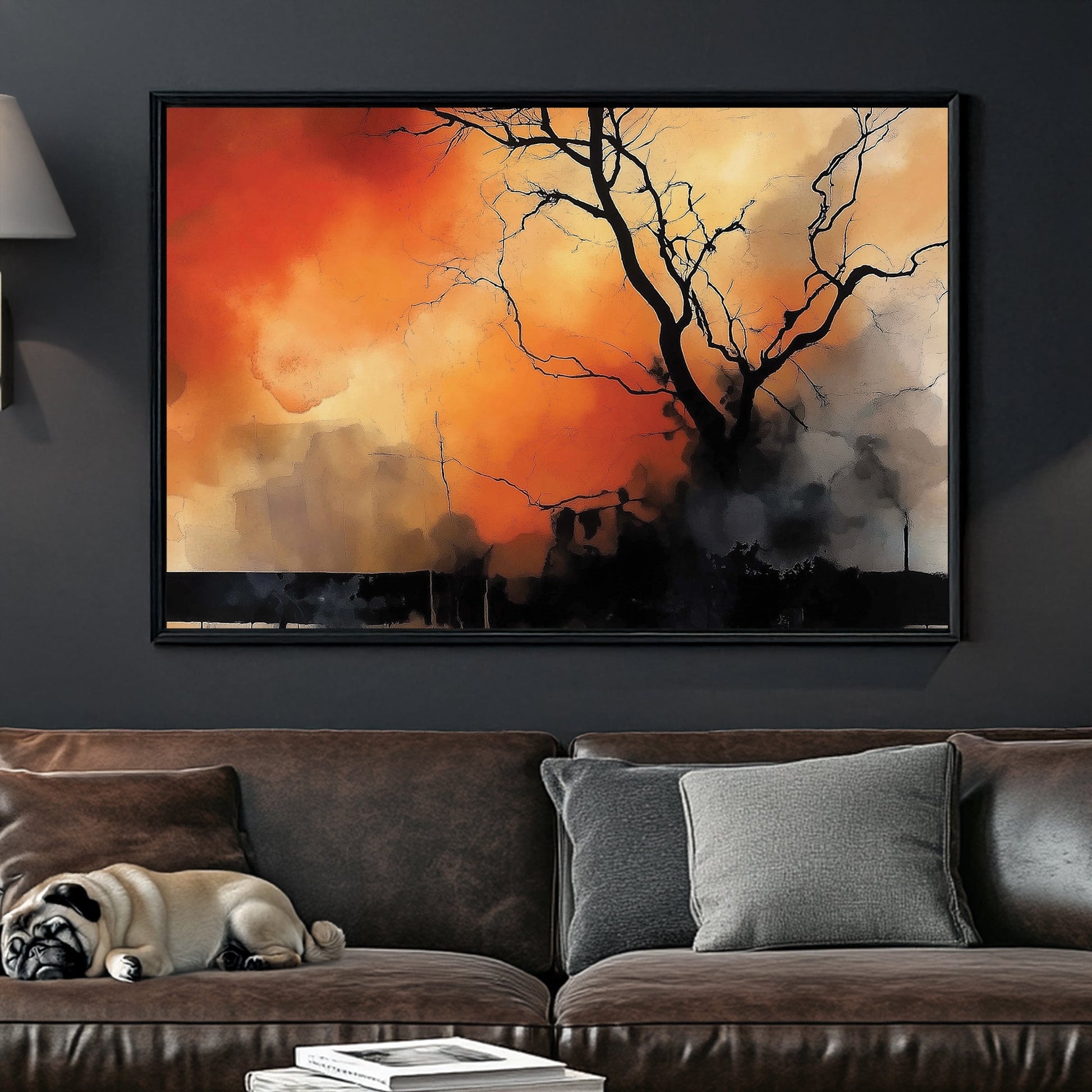 A dramatic abstract wall art print featuring a lone black tree silhouette against a fiery orange and smoky black background, evoking themes of resilience and transformation