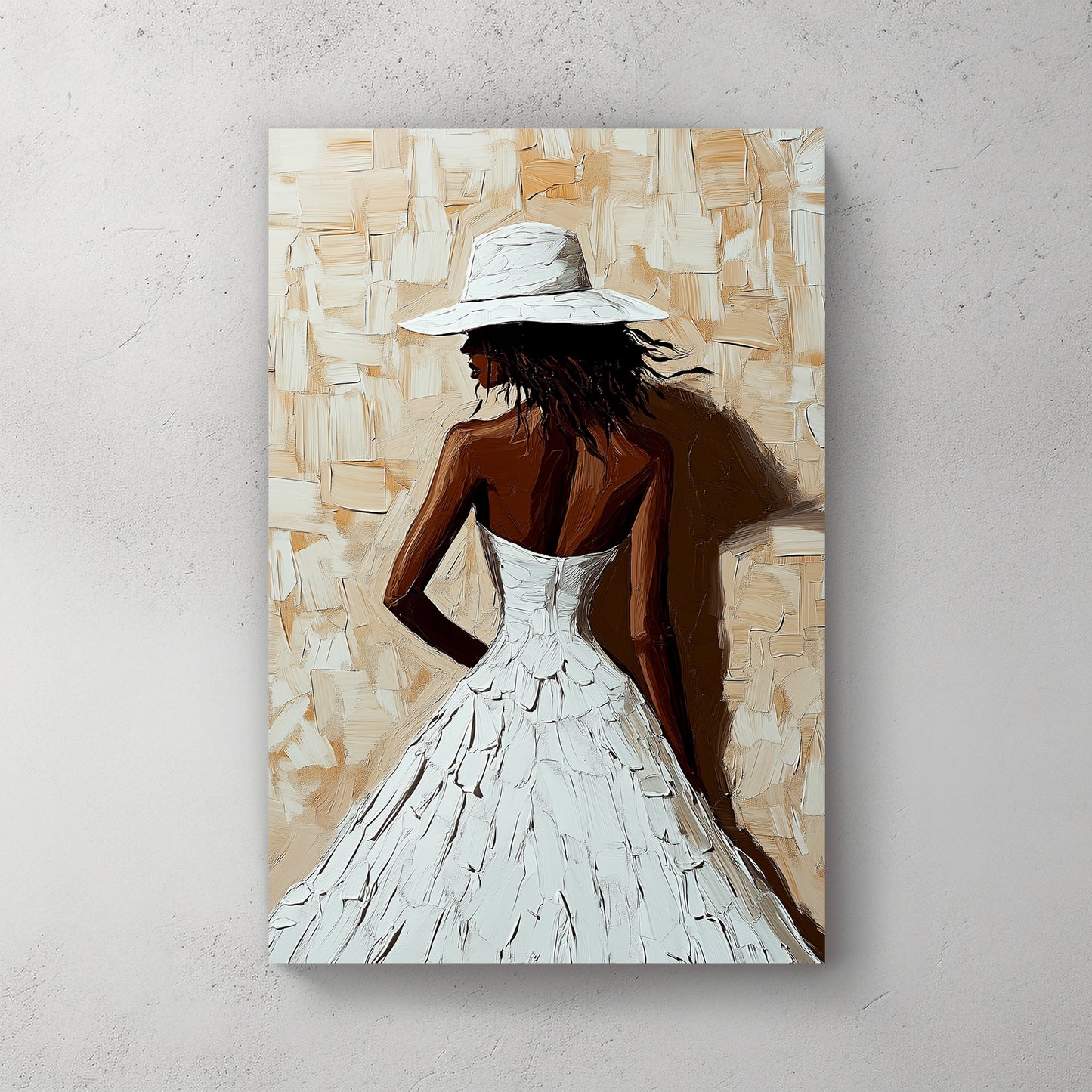 A textured impressionist wall art print of a woman in a flowing white dress and wide-brimmed hat, set against a neutral beige-toned background