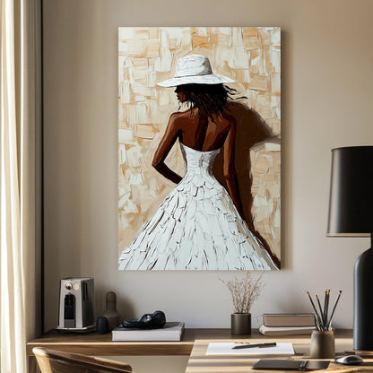 A textured impressionist wall art print of a woman in a flowing white dress and wide-brimmed hat, set against a neutral beige-toned background