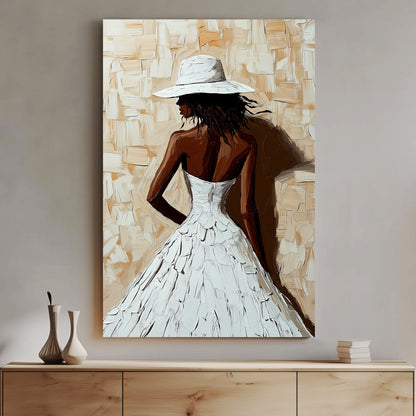 A textured impressionist wall art print of a woman in a flowing white dress and wide-brimmed hat, set against a neutral beige-toned background