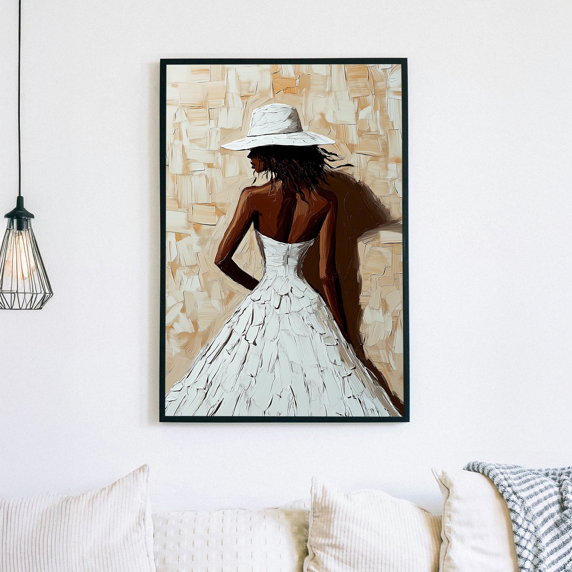 A textured impressionist wall art print of a woman in a flowing white dress and wide-brimmed hat, set against a neutral beige-toned background