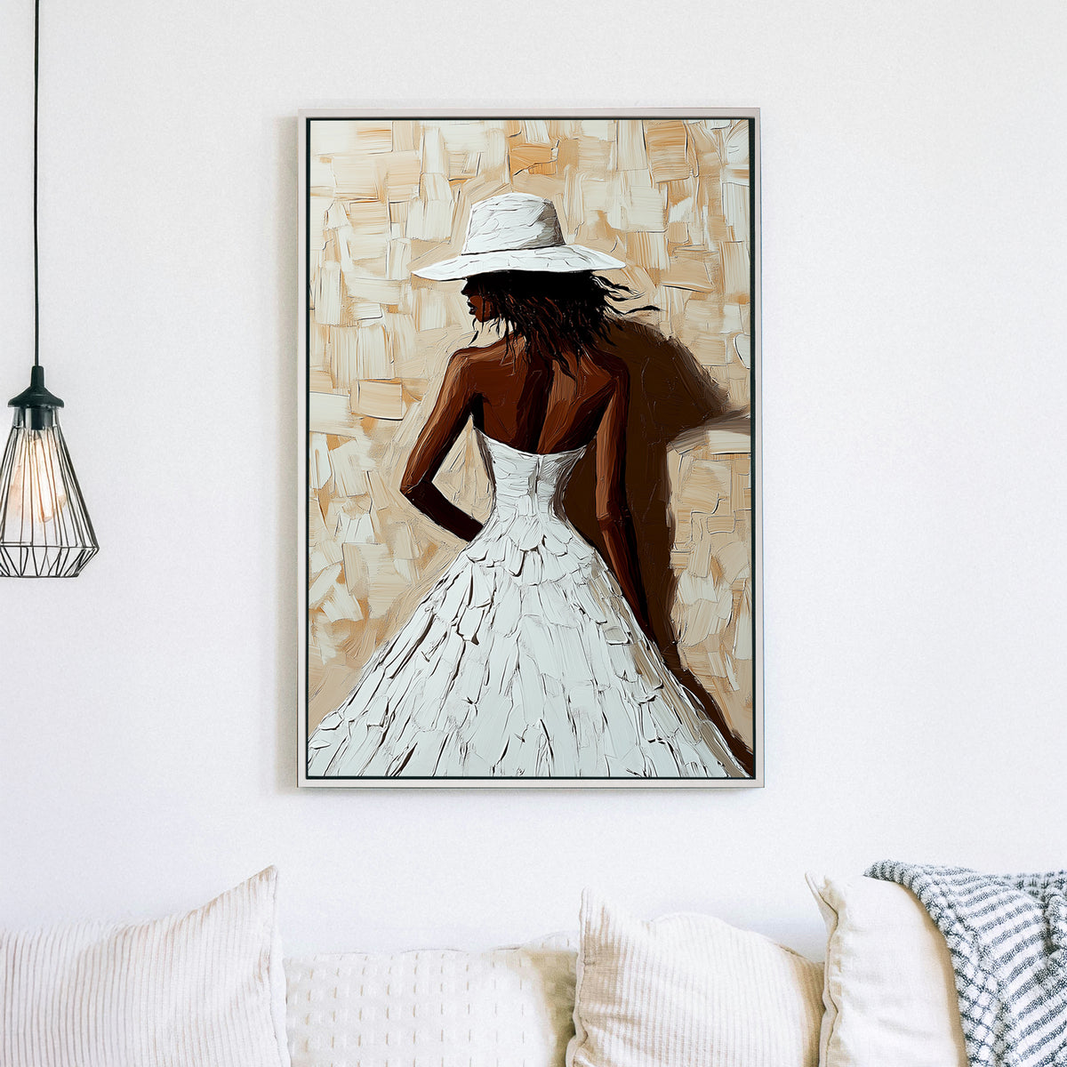A textured impressionist wall art print of a woman in a flowing white dress and wide-brimmed hat, set against a neutral beige-toned background