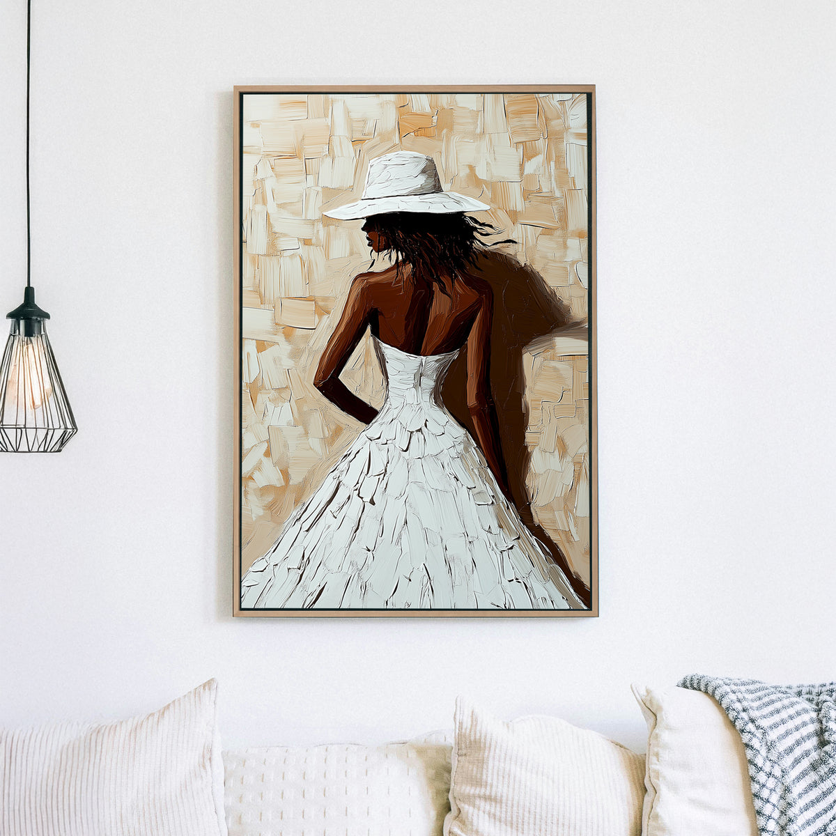 A textured impressionist wall art print of a woman in a flowing white dress and wide-brimmed hat, set against a neutral beige-toned background