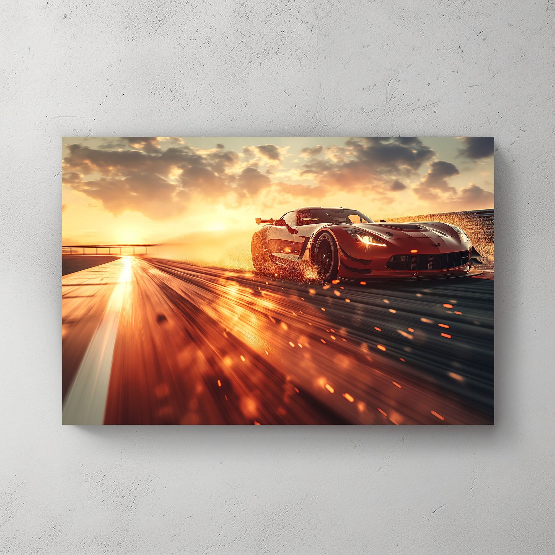A hyper-realistic wall art print of a blazing red Chevrolet Corvette racing under a glowing sunset, leaving sparks and motion trails on a sleek track.