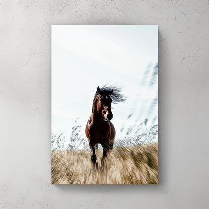 A stunning wall art print of a galloping brown horse with a flowing mane, captured in motion against a golden field with a soft blurred background