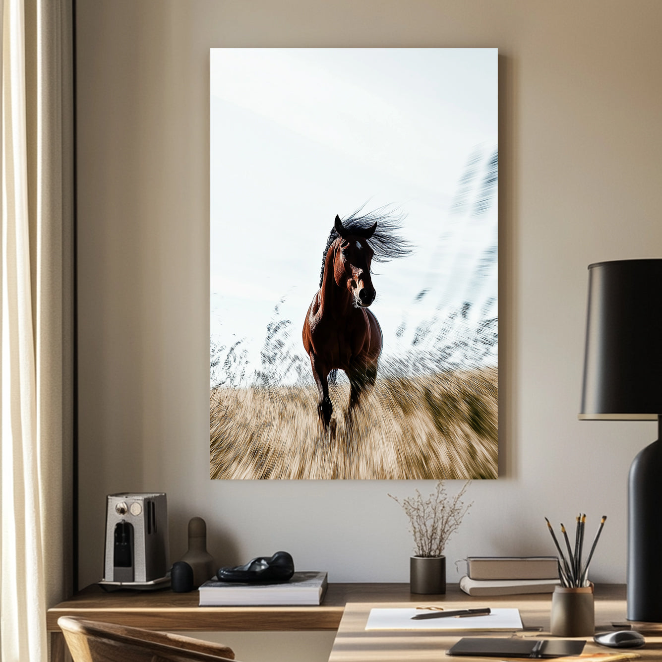 A stunning wall art print of a galloping brown horse with a flowing mane, captured in motion against a golden field with a soft blurred background