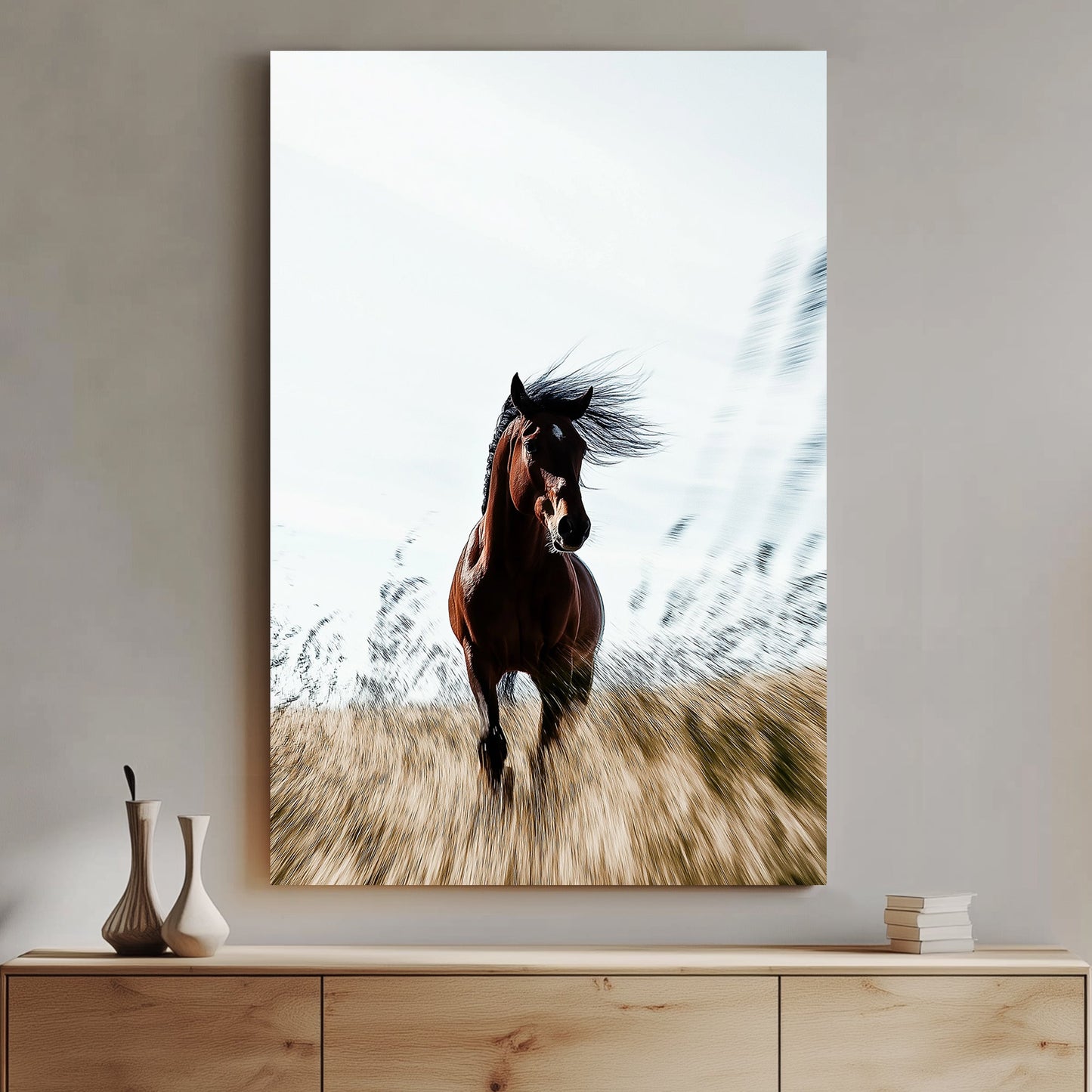 A stunning wall art print of a galloping brown horse with a flowing mane, captured in motion against a golden field with a soft blurred background