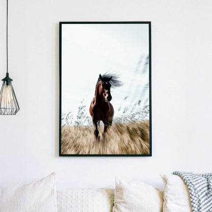 A stunning wall art print of a galloping brown horse with a flowing mane, captured in motion against a golden field with a soft blurred background