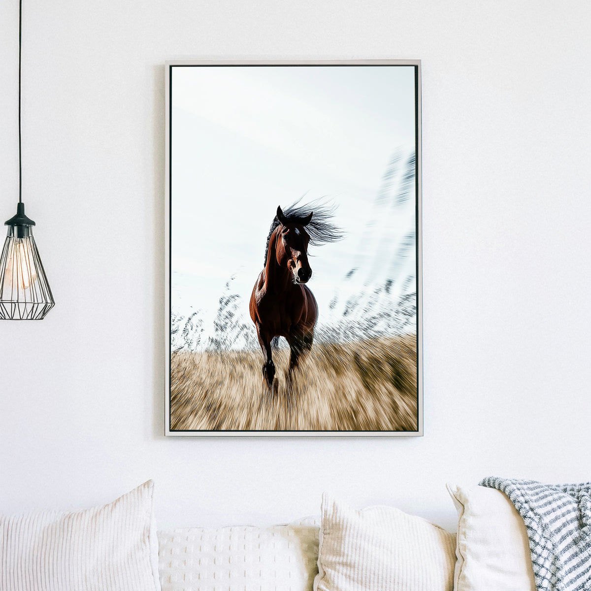 A stunning wall art print of a galloping brown horse with a flowing mane, captured in motion against a golden field with a soft blurred background