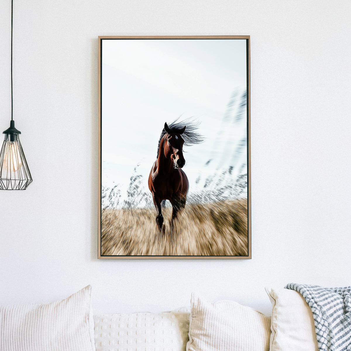 A stunning wall art print of a galloping brown horse with a flowing mane, captured in motion against a golden field with a soft blurred background