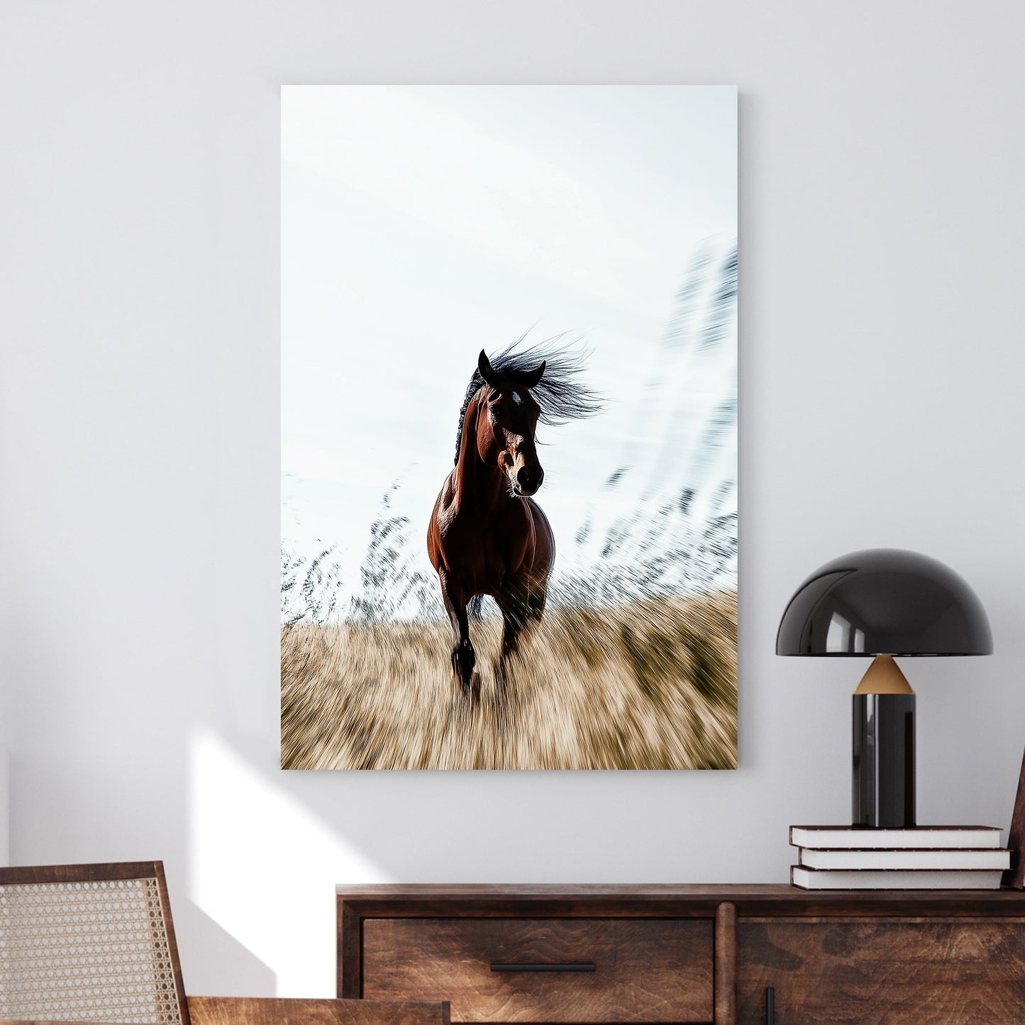 A stunning wall art print of a galloping brown horse with a flowing mane, captured in motion against a golden field with a soft blurred background