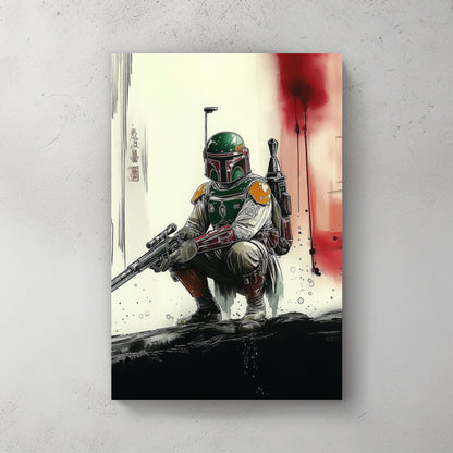 A cinematic-style wall art print of a Boba Fett from Star Wars in a battle-worn suit, crouching with a powerful weapon against a striking abstract background.