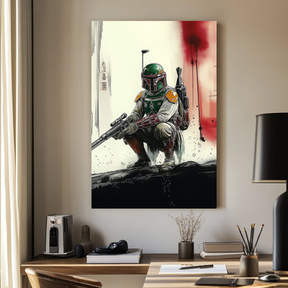 A cinematic-style wall art print of a Boba Fett from Star Wars in a battle-worn suit, crouching with a powerful weapon against a striking abstract background.