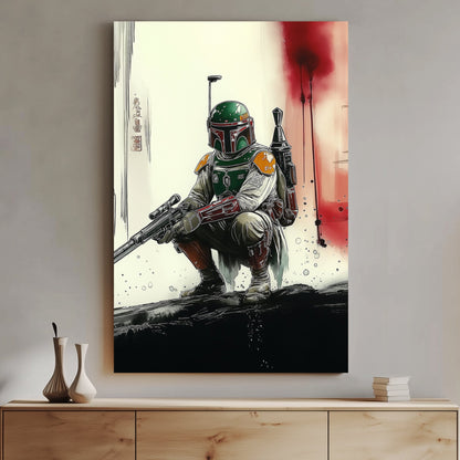 A cinematic-style wall art print of a Boba Fett from Star Wars in a battle-worn suit, crouching with a powerful weapon against a striking abstract background.