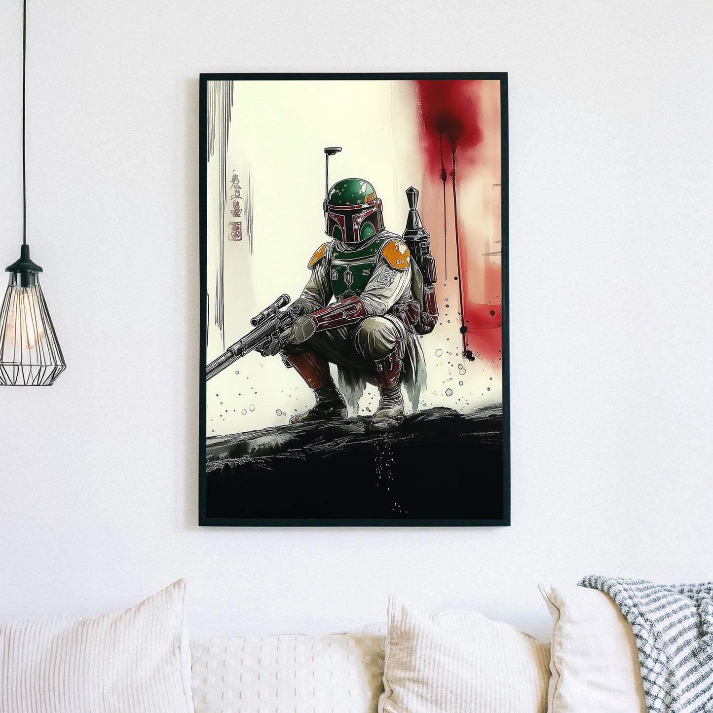 A cinematic-style wall art print of a Boba Fett from Star Wars in a battle-worn suit, crouching with a powerful weapon against a striking abstract background.