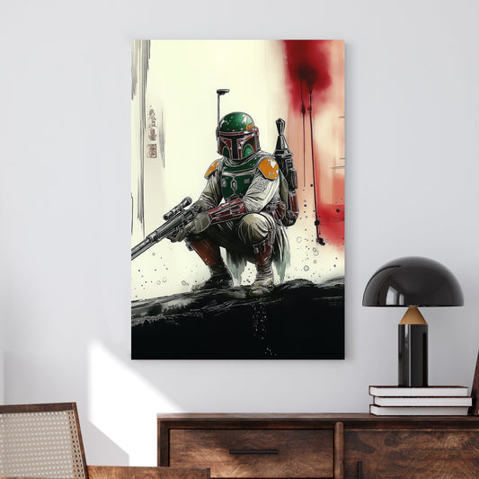 A cinematic-style wall art print of a Boba Fett from Star Wars in a battle-worn suit, crouching with a powerful weapon against a striking abstract background.