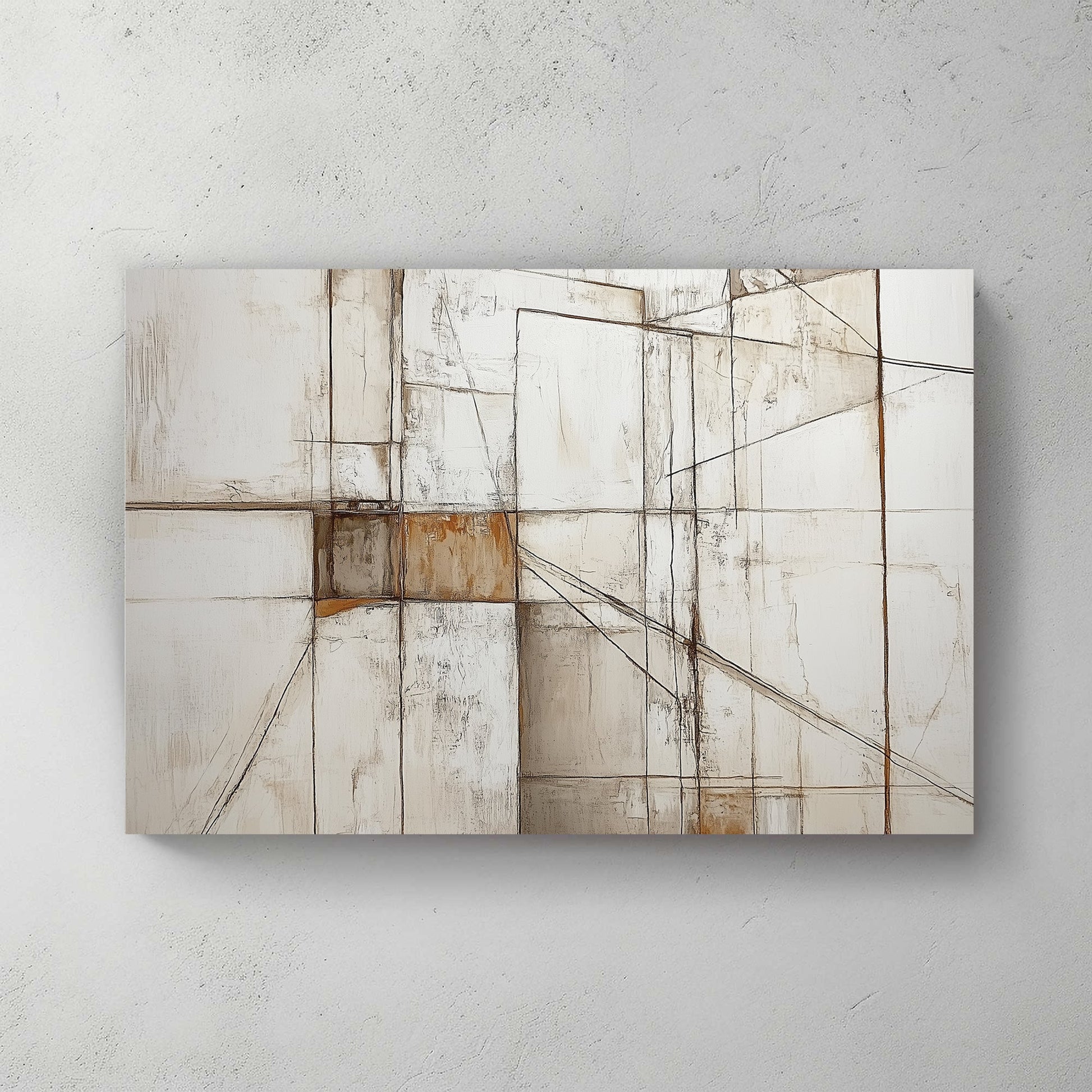 A geometric abstract wall art print featuring intersecting lines and textured neutral tones, reminiscent of modern architectural design