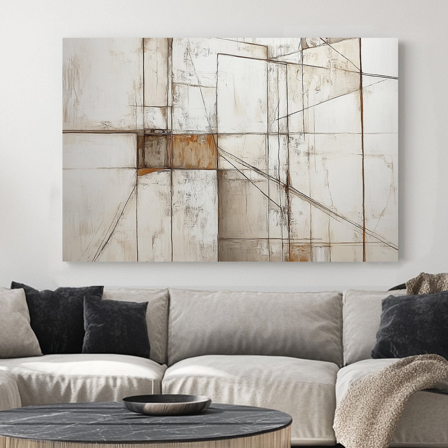 A geometric abstract wall art print featuring intersecting lines and textured neutral tones, reminiscent of modern architectural design