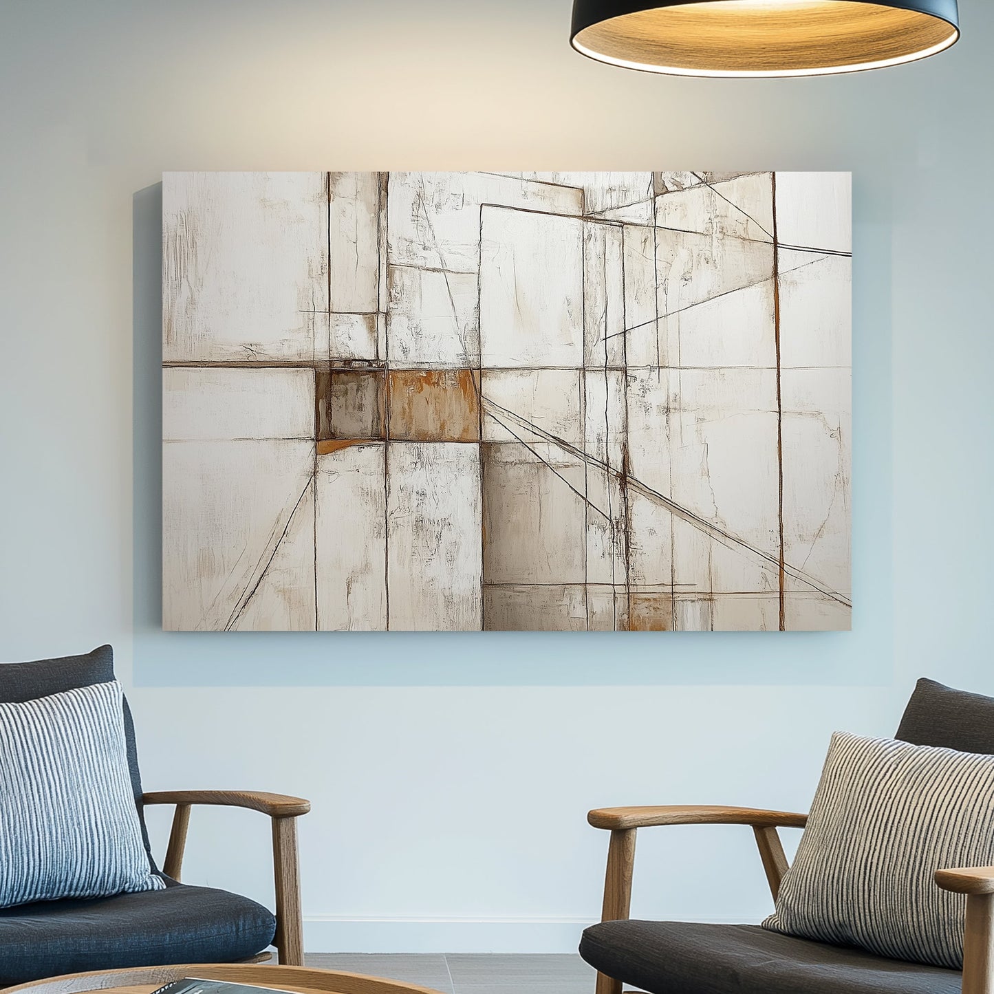 A geometric abstract wall art print featuring intersecting lines and textured neutral tones, reminiscent of modern architectural design