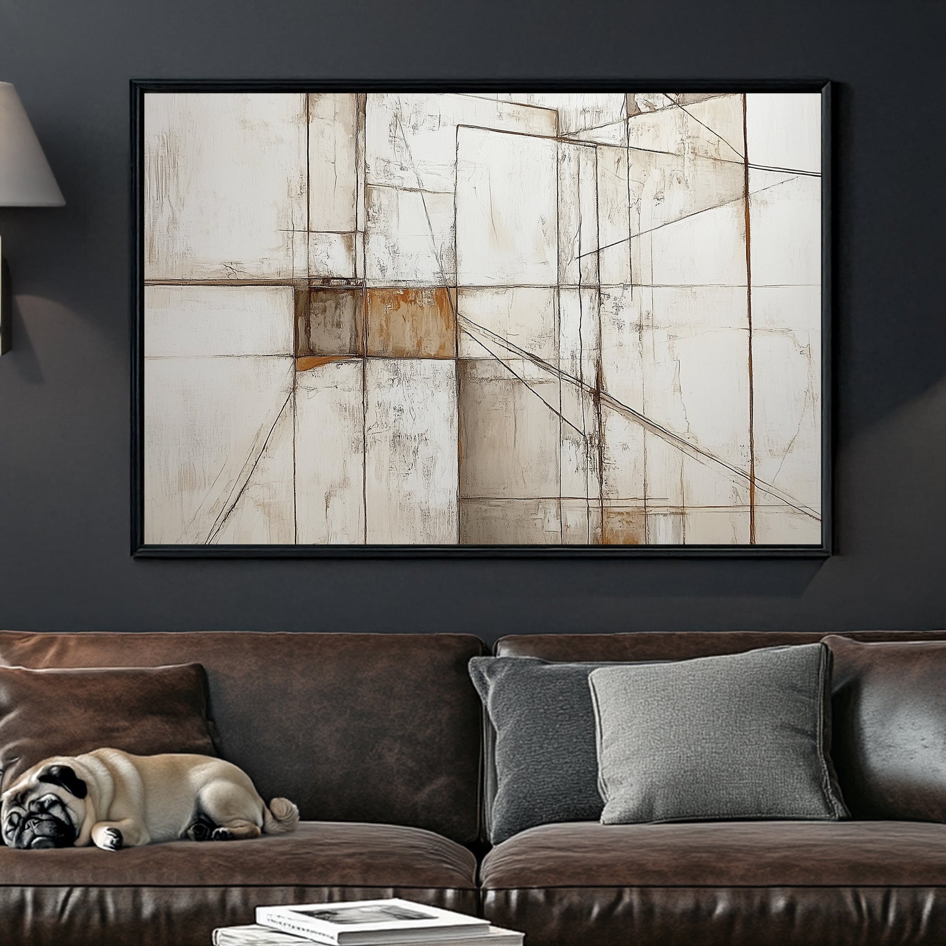 A geometric abstract wall art print featuring intersecting lines and textured neutral tones, reminiscent of modern architectural design