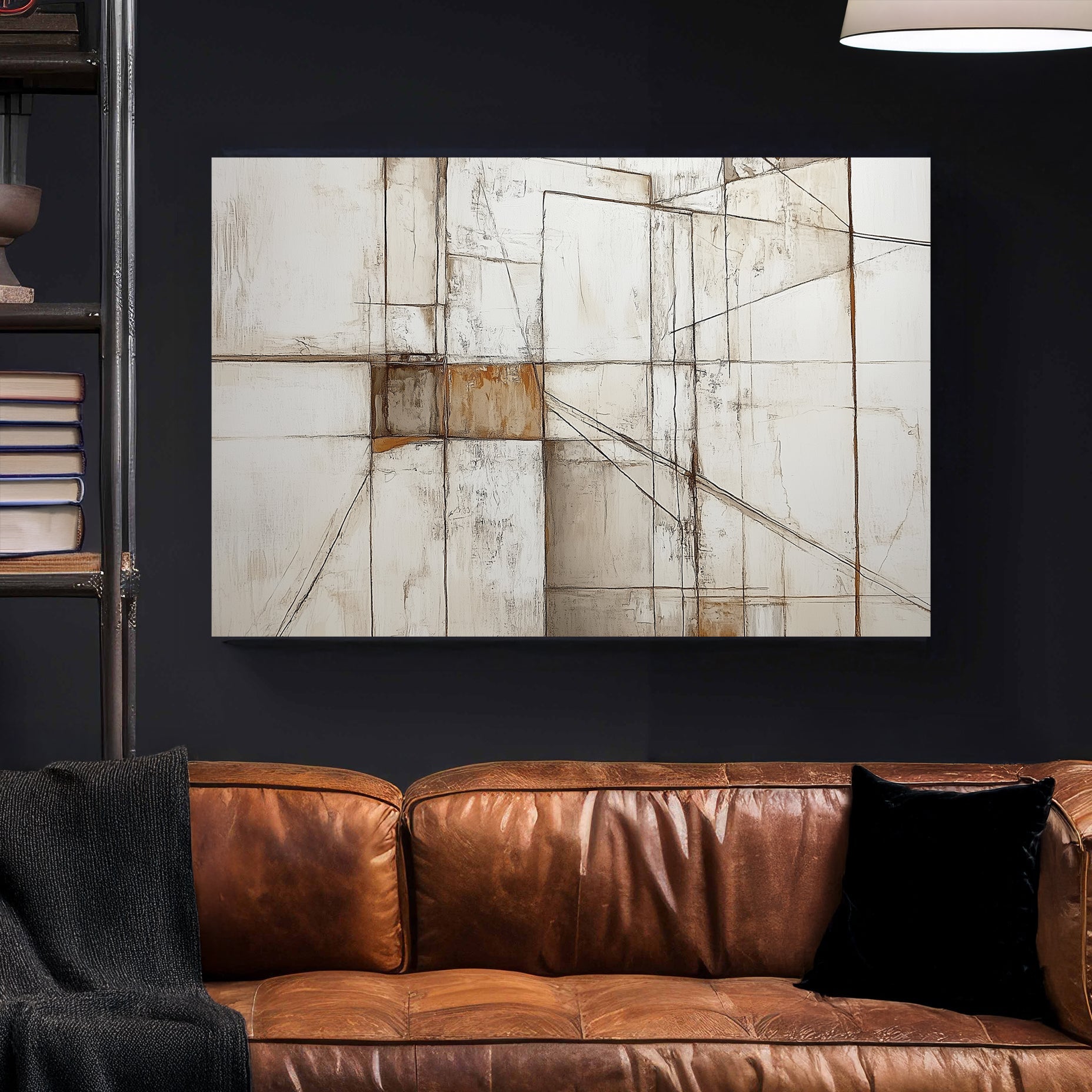 A geometric abstract wall art print featuring intersecting lines and textured neutral tones, reminiscent of modern architectural design