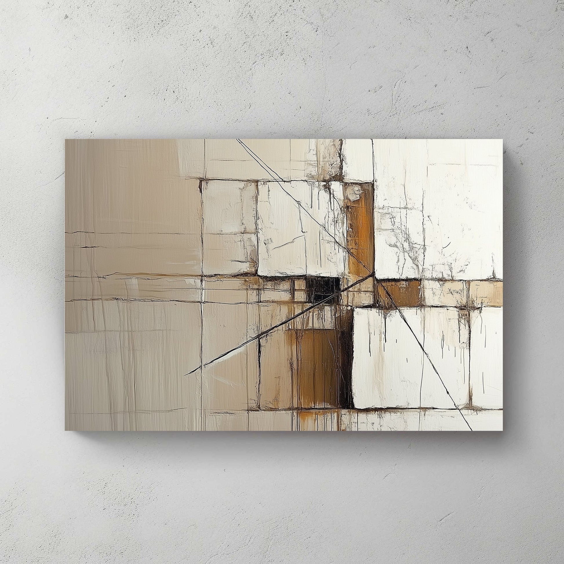 A modern abstract wall art print featuring intersecting geometric lines and textured neutral blocks, inspired by architectural precision.