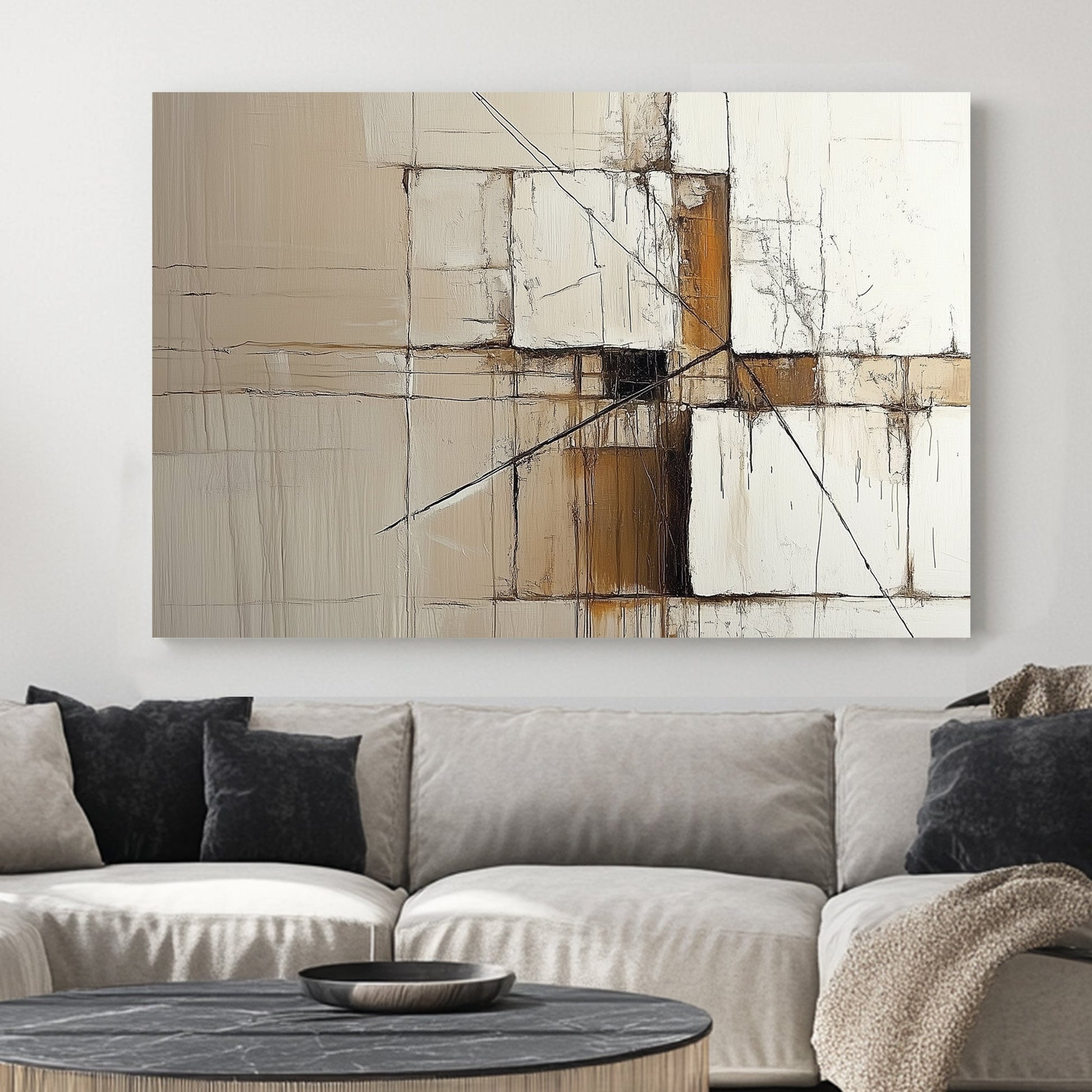 A modern abstract wall art print featuring intersecting geometric lines and textured neutral blocks, inspired by architectural precision.