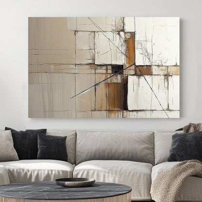A modern abstract wall art print featuring intersecting geometric lines and textured neutral blocks, inspired by architectural precision.