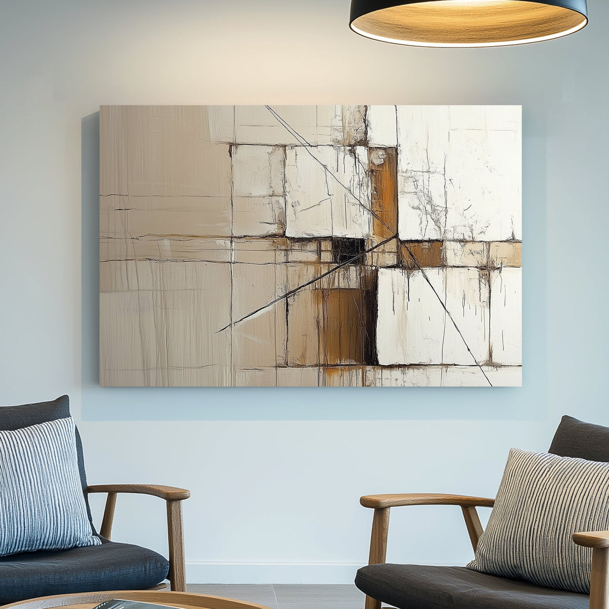A modern abstract wall art print featuring intersecting geometric lines and textured neutral blocks, inspired by architectural precision.