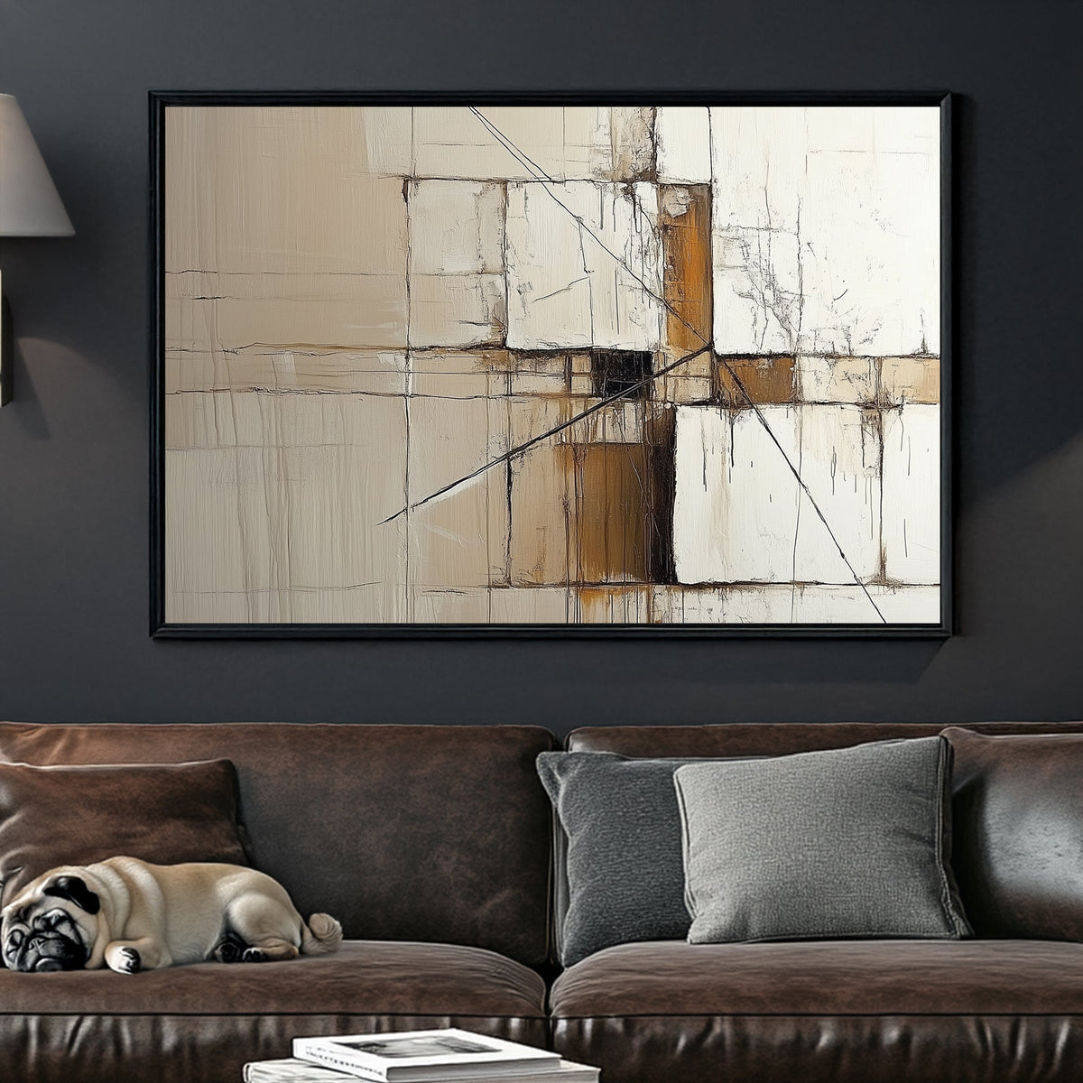 A modern abstract wall art print featuring intersecting geometric lines and textured neutral blocks, inspired by architectural precision.