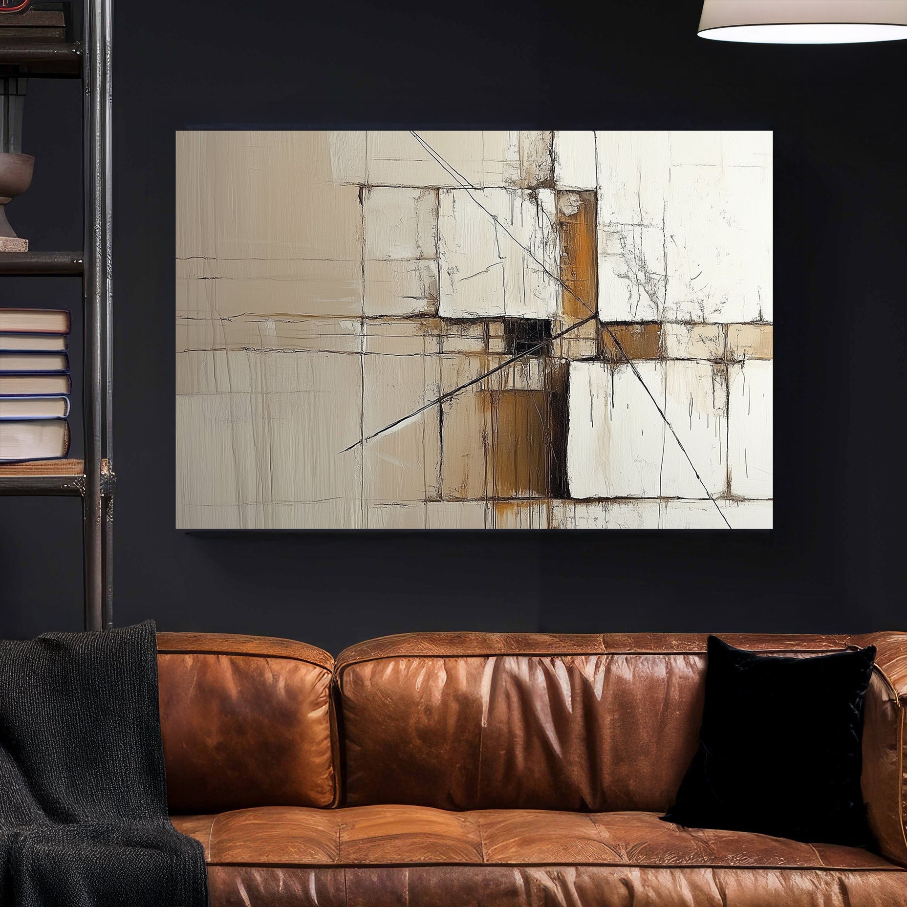 A modern abstract wall art print featuring intersecting geometric lines and textured neutral blocks, inspired by architectural precision.