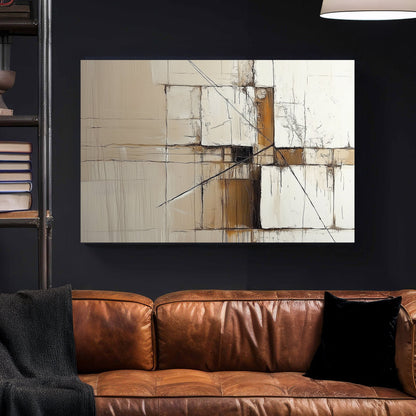 A modern abstract wall art print featuring intersecting geometric lines and textured neutral blocks, inspired by architectural precision.