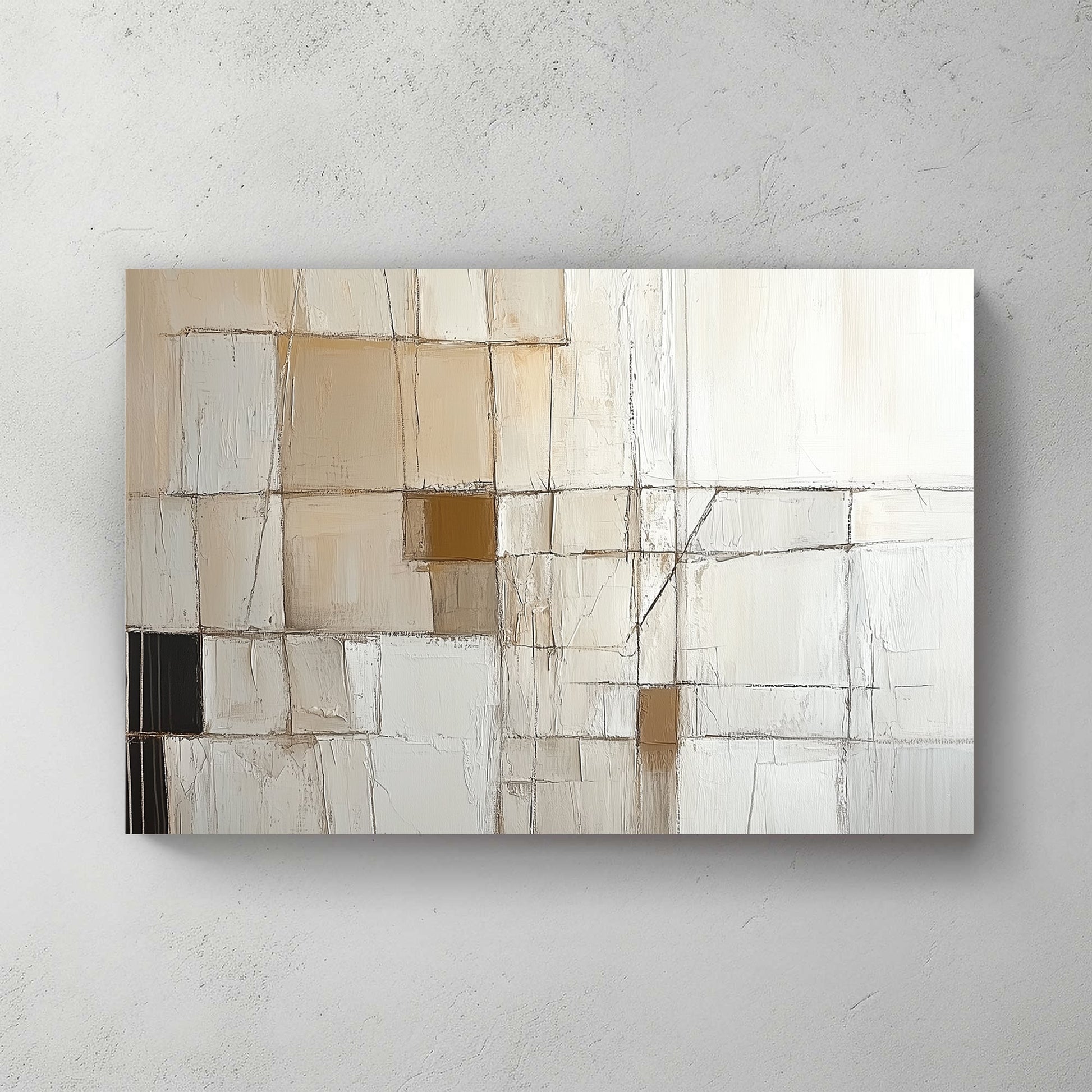 A geometric abstract wall art print with structured grids and intersecting lines in neutral beige and white tones, evoking architectural precision.