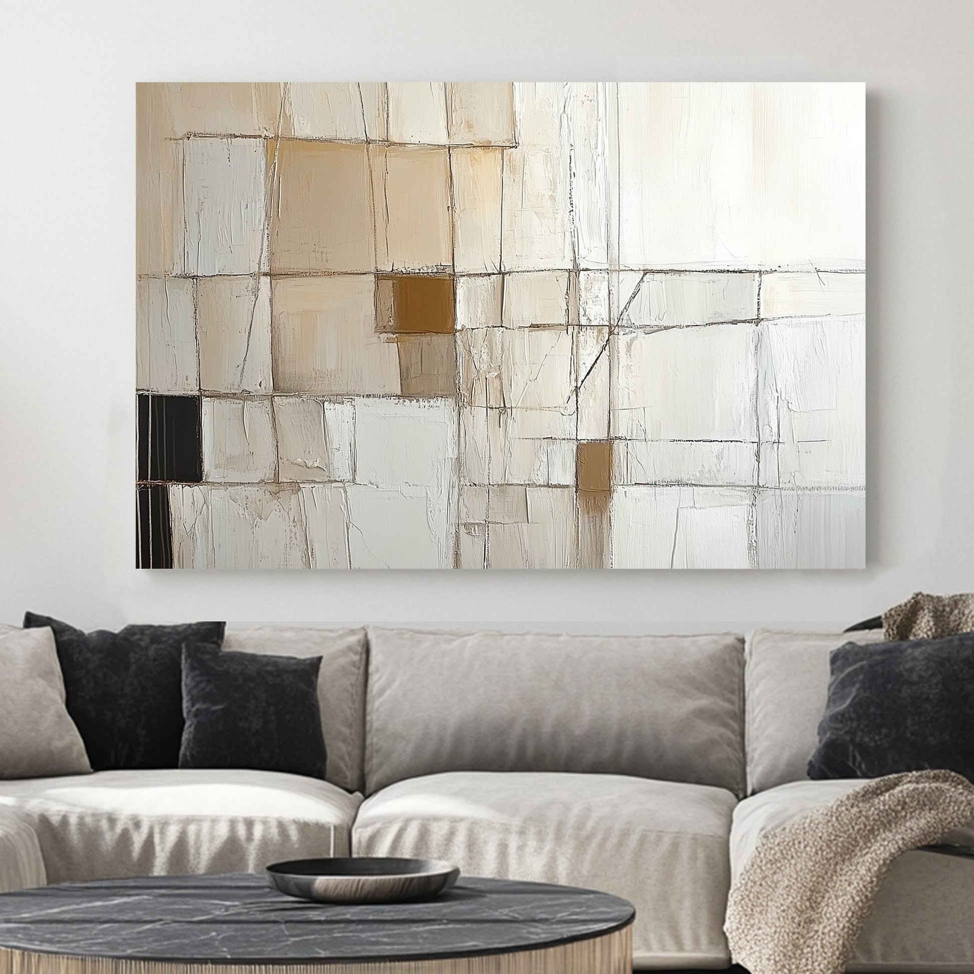 A geometric abstract wall art print with structured grids and intersecting lines in neutral beige and white tones, evoking architectural precision.