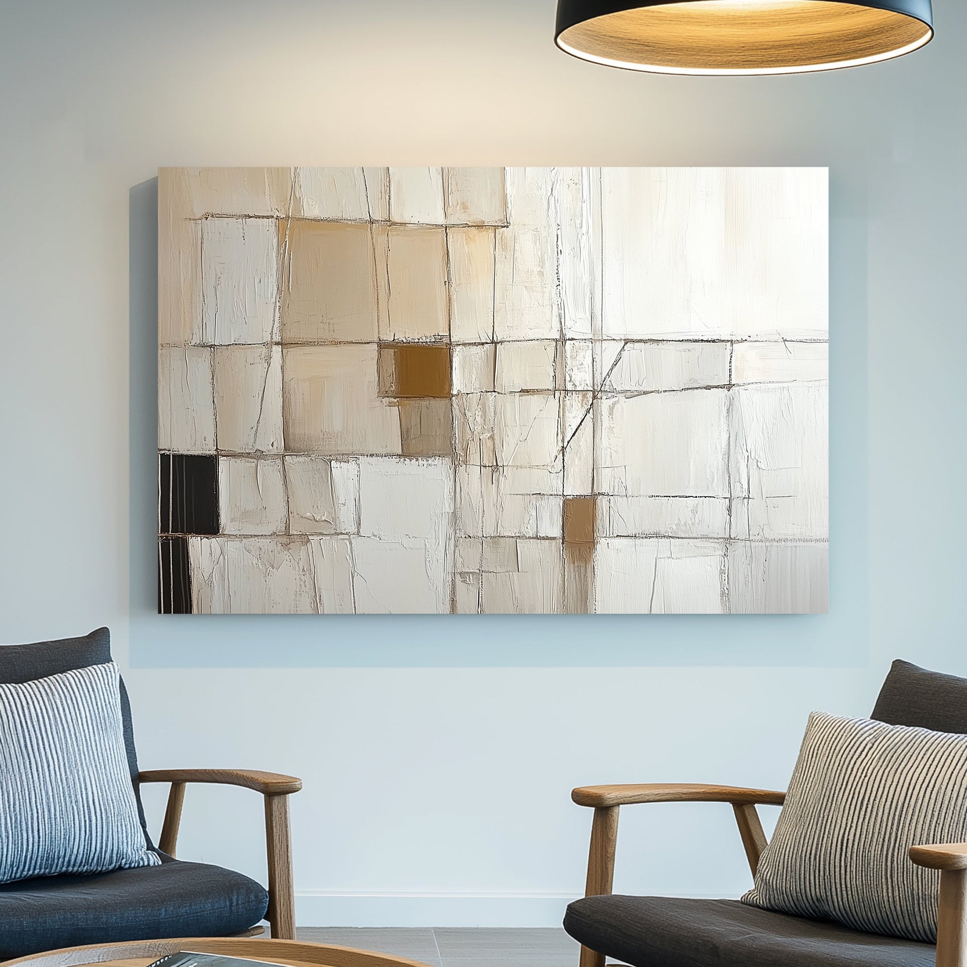 A geometric abstract wall art print with structured grids and intersecting lines in neutral beige and white tones, evoking architectural precision.