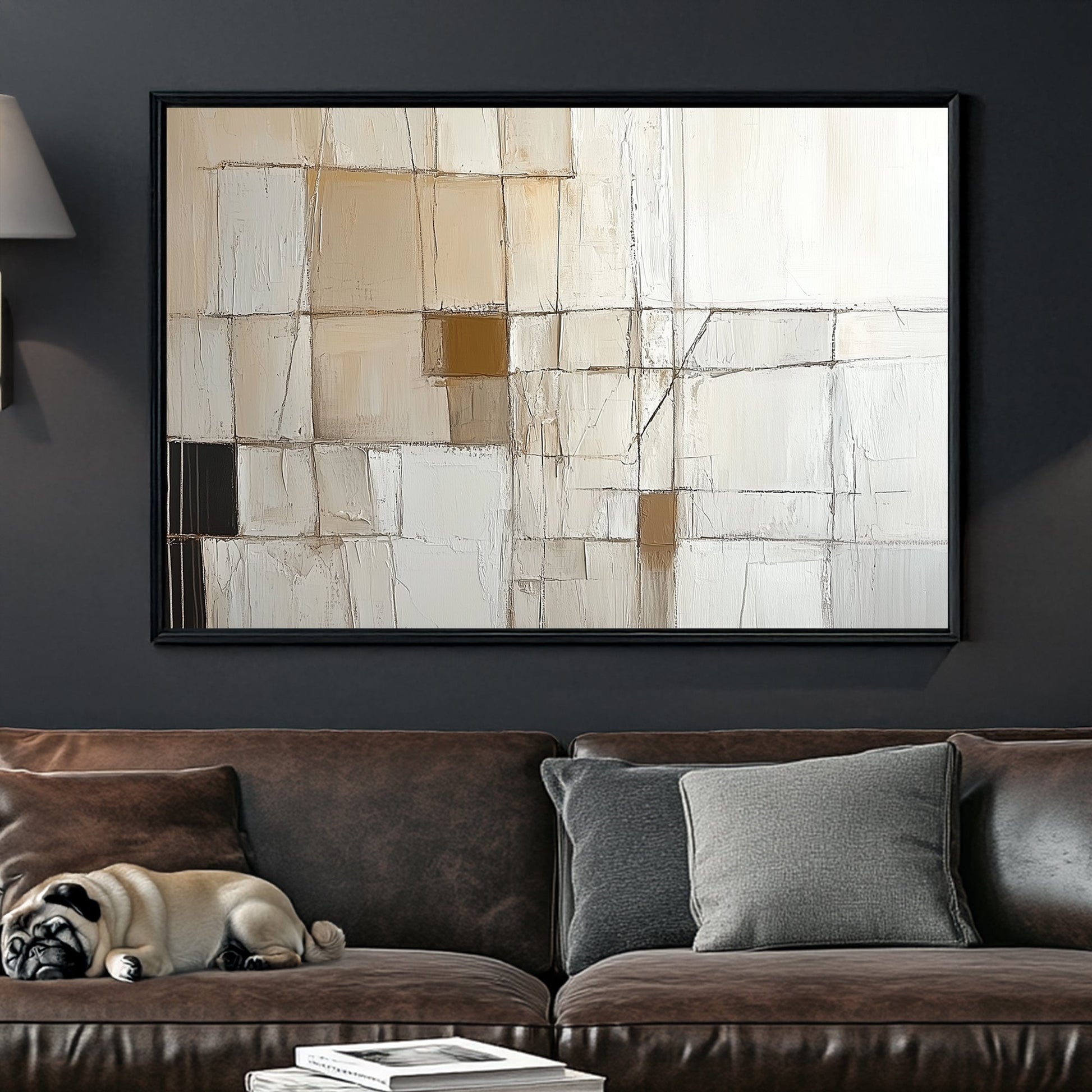 A geometric abstract wall art print with structured grids and intersecting lines in neutral beige and white tones, evoking architectural precision.