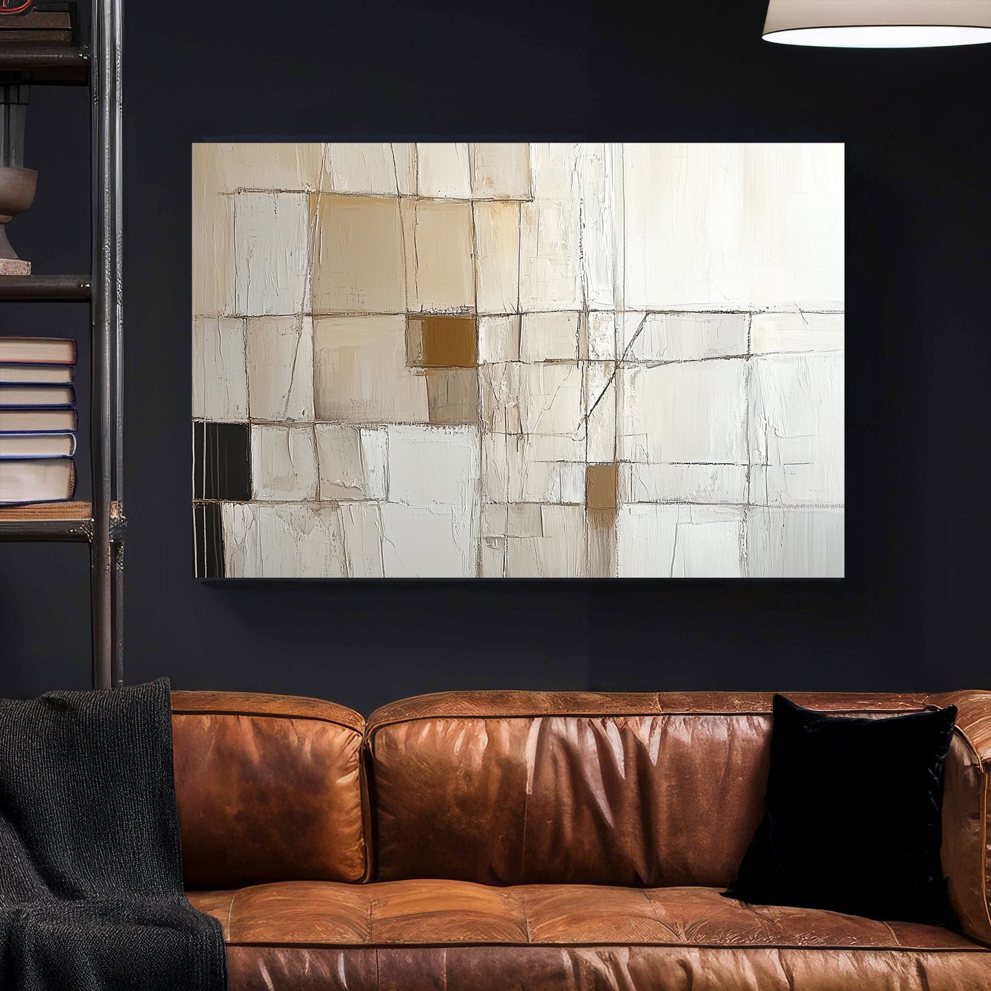 A geometric abstract wall art print with structured grids and intersecting lines in neutral beige and white tones, evoking architectural precision.