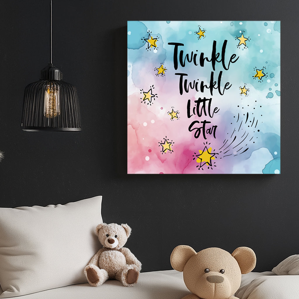 A dreamy watercolour typography wall art print featuring “Twinkle Twinkle Little Star” in elegant script, surrounded by golden stars on a soft pastel blue and pink background.