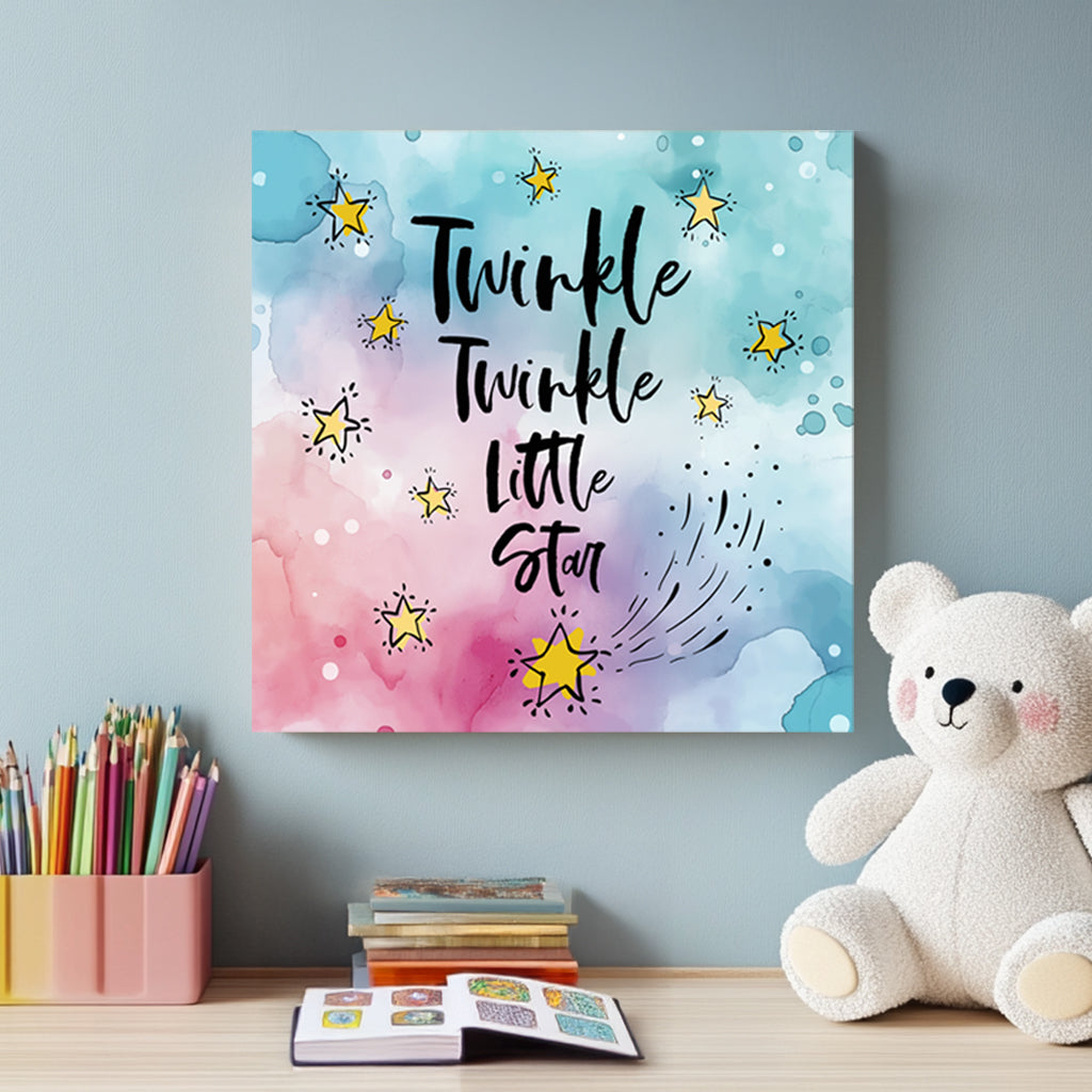 A dreamy watercolour typography wall art print featuring “Twinkle Twinkle Little Star” in elegant script, surrounded by golden stars on a soft pastel blue and pink background.