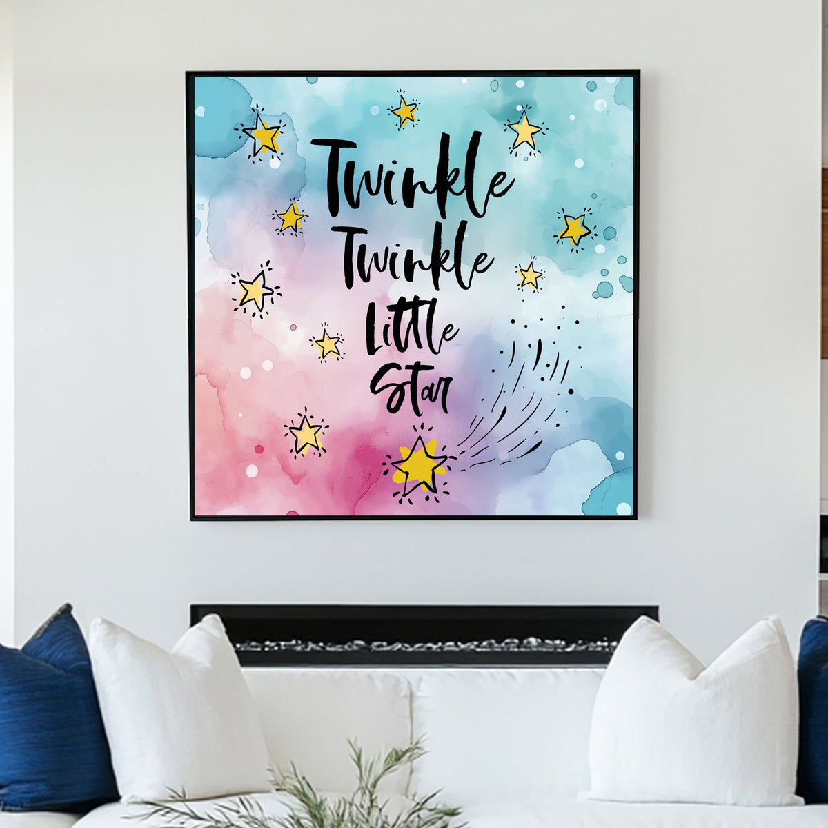 A dreamy watercolour typography wall art print featuring “Twinkle Twinkle Little Star” in elegant script, surrounded by golden stars on a soft pastel blue and pink background.