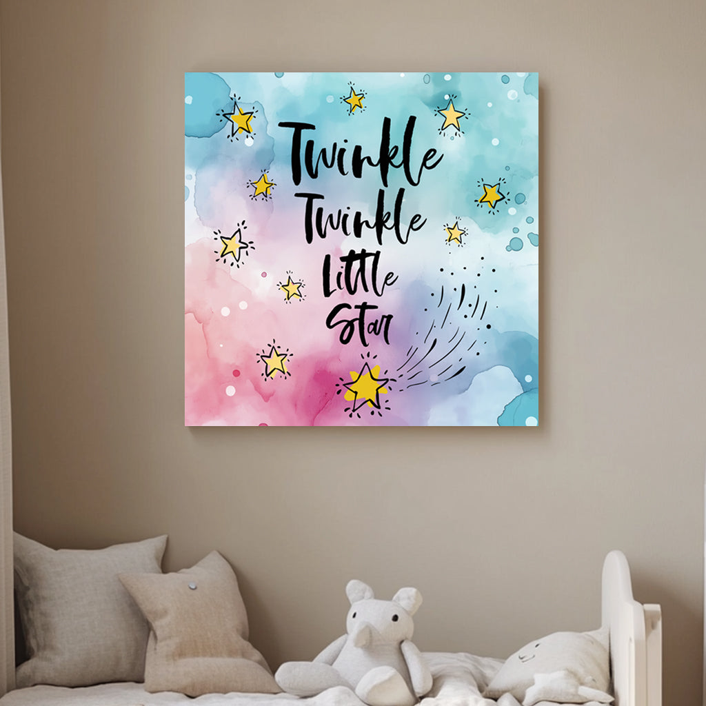 A dreamy watercolour typography wall art print featuring “Twinkle Twinkle Little Star” in elegant script, surrounded by golden stars on a soft pastel blue and pink background.