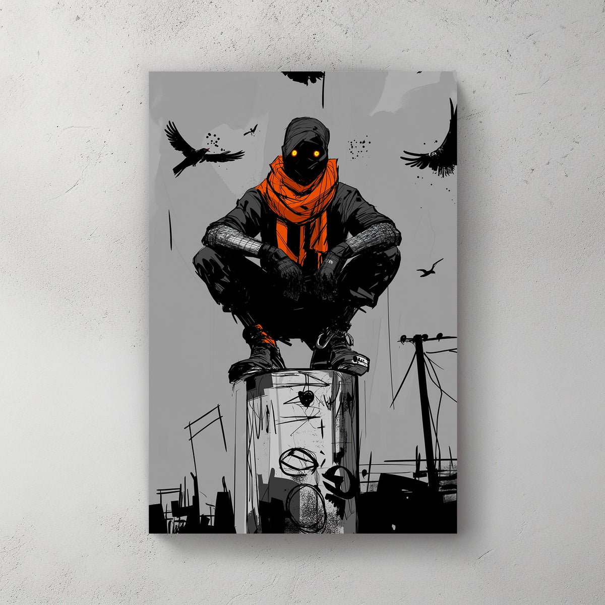 A powerful black and white wall art print featuring a mysterious hooded figure with glowing eyes perched above an urban landscape, surrounded by crows.