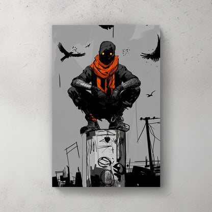 A powerful black and white wall art print featuring a mysterious hooded figure with glowing eyes perched above an urban landscape, surrounded by crows.