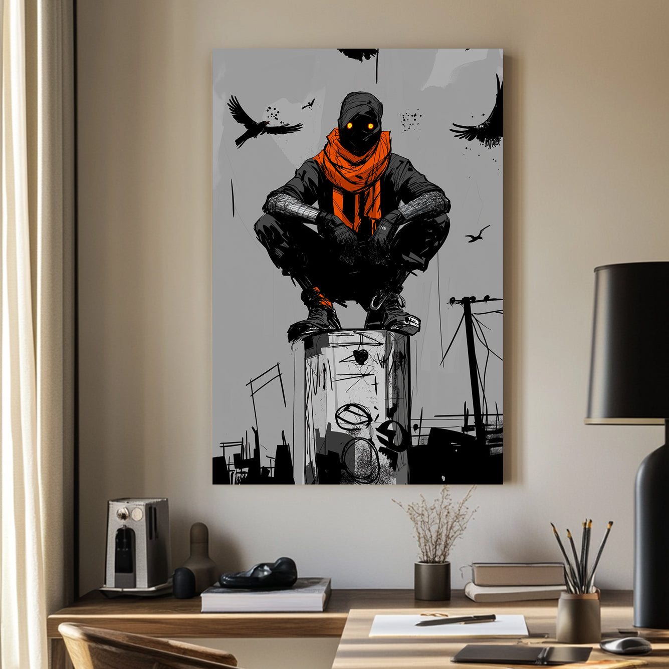 A powerful black and white wall art print featuring a mysterious hooded figure with glowing eyes perched above an urban landscape, surrounded by crows.