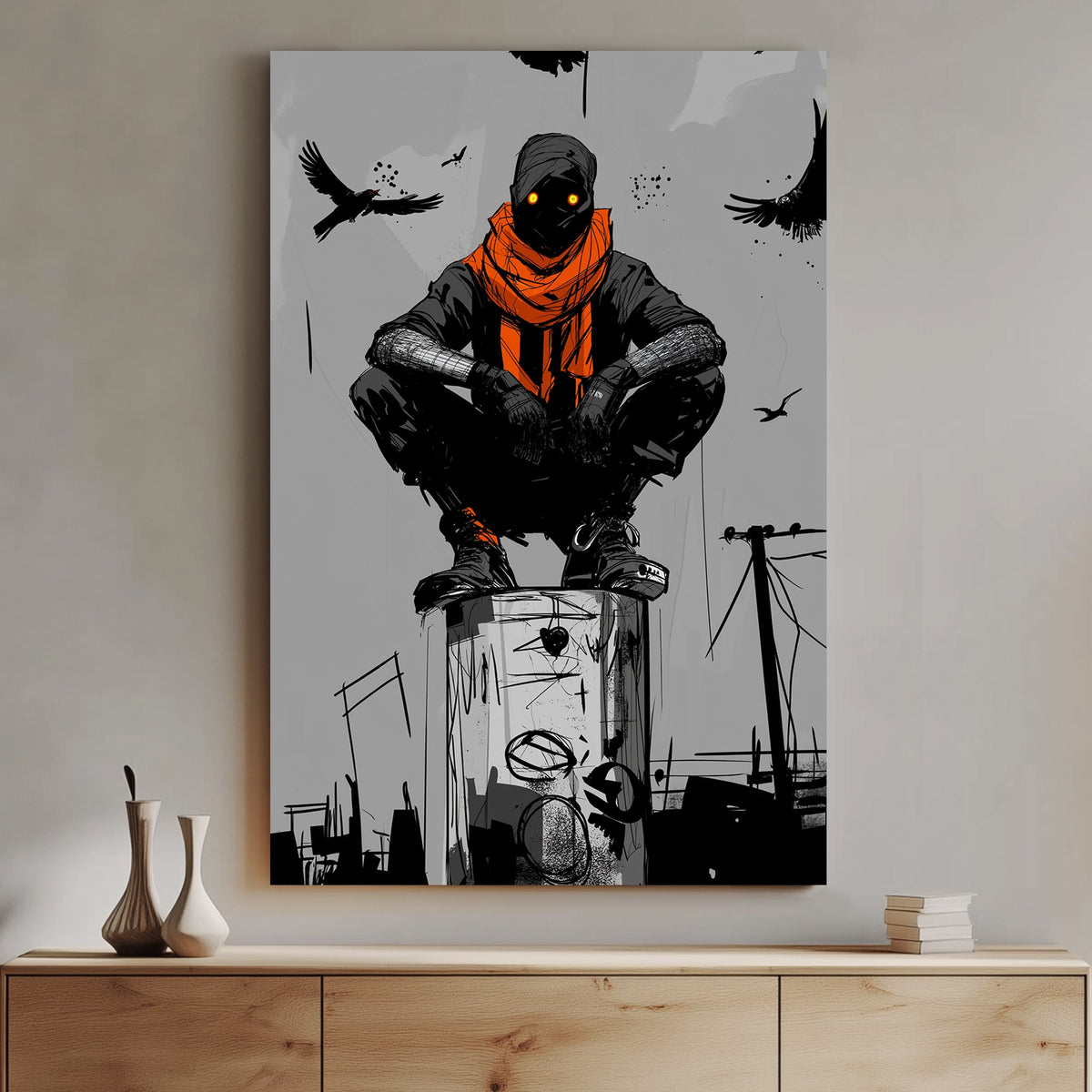 A powerful black and white wall art print featuring a mysterious hooded figure with glowing eyes perched above an urban landscape, surrounded by crows.