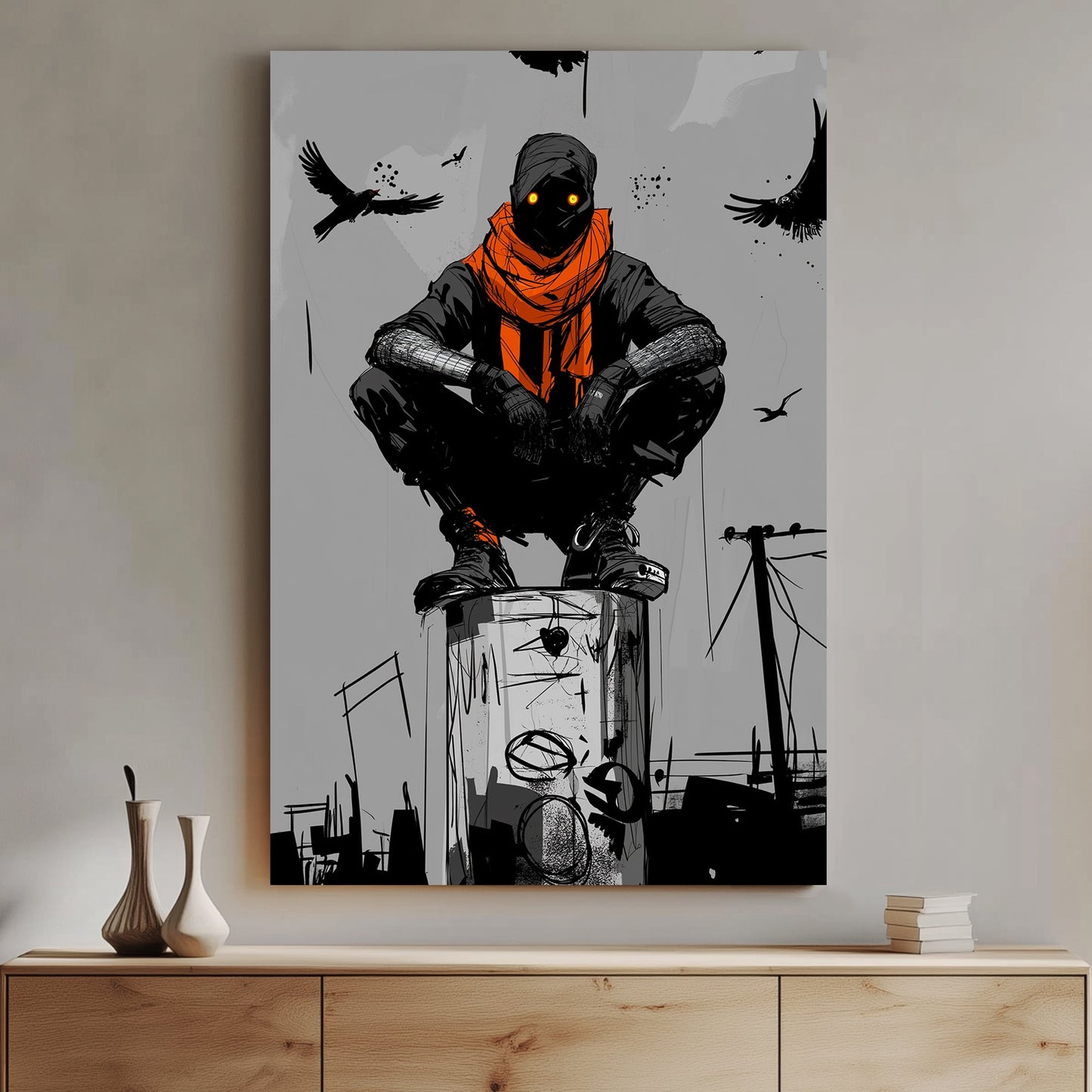 A powerful black and white wall art print featuring a mysterious hooded figure with glowing eyes perched above an urban landscape, surrounded by crows.